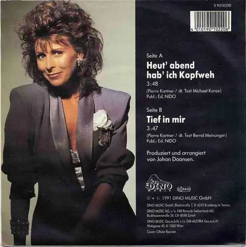 Vinyl-Single: Ireen Sheer: Heut\' abend hab\' ich Kopfweh / Tief in mir Dino S 9010220, (P) 1991 EAN 4010190102206