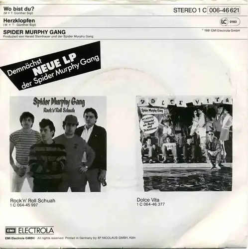 Vinyl-Single: Spider Murphy Gang: Wo bist du? / Herzklopfen EMI Electrola 1 C 006-46 621, (P) 1981 