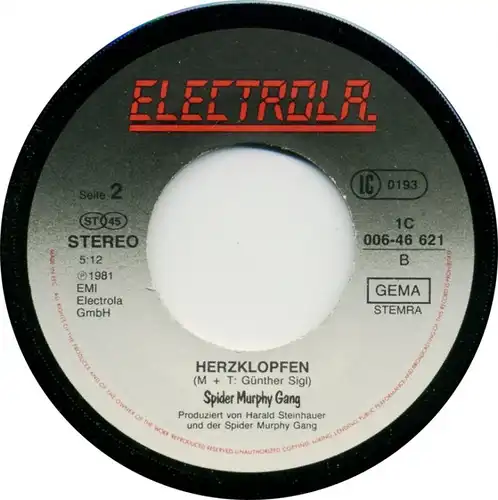 Vinyl-Single: Spider Murphy Gang: Wo bist du? / Herzklopfen EMI Electrola 1 C 006-46 621, (P) 1981 