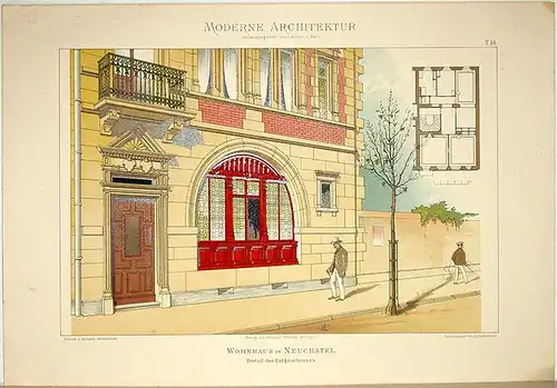 Lambert, André; Stahl, Eduard (Hg.): Wohnhaus in Neuchâtel. Detail des Erdgeschosses [ausgeführt von Prince u. Colomb, Architekten]. Tafel 14 aus: Moderne Architektur. Ausgeführte städtische Wohngebäude.. 