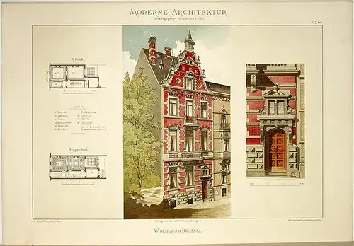 Lambert, André; Stahl, Eduard (Hg.): Wohnhaus in Brüssel. [Ausgeführt von J. Brunfaut, Architekt]. Tafel 64 aus: Moderne Architektur. Ausgeführte städtische Wohngebäude, Geschäfts  und Einfamilienhäuser.. 
