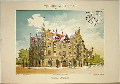 Lambert, André; Stahl, Eduard (Hg.): Wohnhaus in Nürnberg. [Ausgeführt von G. F. Hildenbrand, C. Walter, Architekten]. Tafel 69 aus: Moderne Architektur. Ausgeführte städtische Wohngebäude, Geschäfts.. 