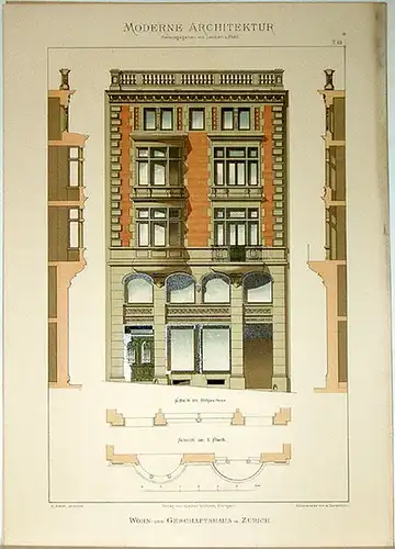 Lambert, André; Stahl, Eduard (Hg.): Wohn  und Geschäftshaus in Zürich. [Ausgeführt von H. Ernst, Architekt]. Tafel 10 aus: Moderne Architektur. Ausgeführte städtische Wohngebäude, Geschäfts.. 