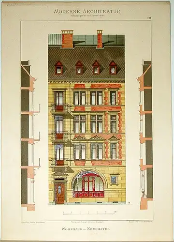 Lambert, André; Stahl, Eduard (Hg.): Wohnhaus in Neuchâtel. [Ausgeführt von Colomb u. Prince]. Tafel 13 aus: Moderne Architektur. Ausgeführte städtische Wohngebäude, Geschäfts  und Einfamilienhäuser.. 