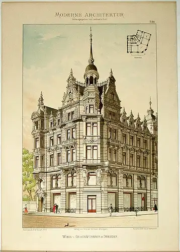 Lambert, André; Stahl, Eduard (Hg.): Wohn  u. Geschäftshaus in Dresden. [Ausgeführt von Sommerschuh & Rumpel, Architekten]. Tafel 84 aus: Moderne Architektur. Ausgeführte städtische Wohngebäude.. 