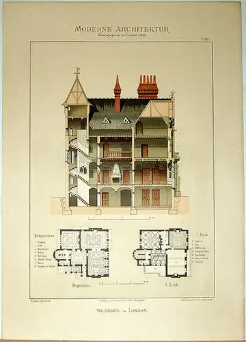 Lambert, André; Stahl, Eduard (Hg.): Wohnhaus in London. [Ausgeführt von Burges, Architekt]. Tafel 90 aus: Moderne Architektur. Ausgeführte städtische Wohngebäude, Geschäfts  und Einfamilienhäuser, Villen.. 