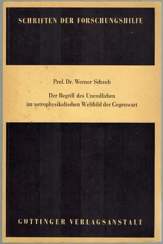 Schaub, Werner: Der Begriff des Unendlichen im astrophysikalischen Weltbild der Gegenwart. Als Vortrag gehalten auf der Essener Wissenschaftswoche am 19. 6. 1953. [= Schriften der Forschungshilfe]
 Göttingen, Göttinger Verlagsanstalt, 1953. 