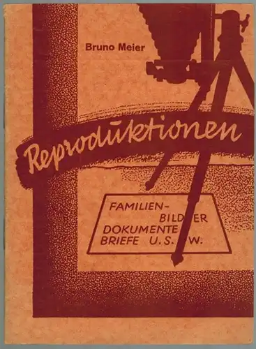 Meier, Bruno: Reproduktionen. Einführung in die photographische Wiedergabe von Briefen, Dokumenten, Familienbildern usw. Mit 17 Abbildungen
 Berlin, Photokino-Verlag, (1934). 