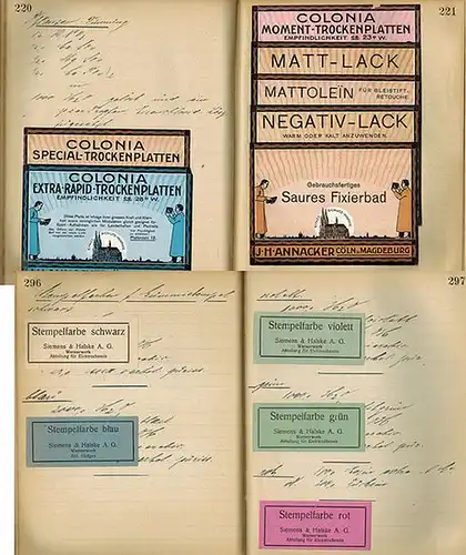 Chem. techn. [Chemisch technisches] Rezeptbuch [gestrichen: Nachschlagebuch ; Medizinisches Arzneibuch]. 1. 2. 1921. [aus dem Hause Siemens-Halske; handschriftlich alphabetisch geführt mit eingeklebten Etiketten]
 [Berlin], [Siemens-Halske], 1921. 