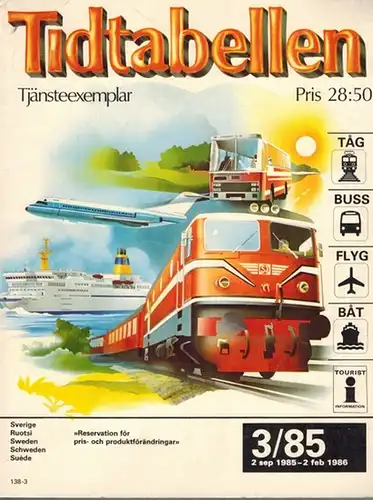 Tidtabellen. Tjänsteexemplar. Sverige / Ruotsi / Sweden / Schweden / Suède. 3/85. 2 sep 1985 - 2 feb 1986
 Uppsala, Förlags AB Sveriges Kommunikationer, 1985. 