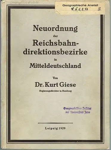 Giese, Kurt: Neuordnung der Reichsbahndirektionsbezirke in Mitteldeutschland. [= Leipziger Verkehr und Verkehrspolitik Nr. 16]
 Leipzig, Selbstverlag Ratsverkehrsamt, 1929. 