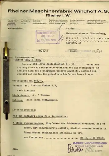 [Einbau der 20 Meter] Gelenkdrehscheibe II [mit 8 Laufrädern für das Bahnbetriebswerk Bw Berlin - Lichtenberg]. [Schriftverkehr mit Lieferanten und Montagefirmen, überwiegend mit der Rheiner...