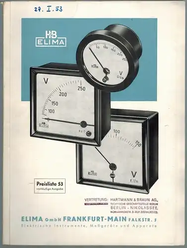 H & B ELIMA Preisliste 53. Gültig ab 1. Januar 1953
 Frankfurt am Main, Elima, 1953. 