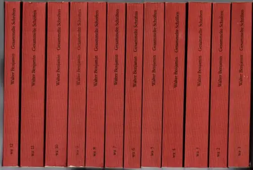 Benjamin, Walter: Gesammelte Schriften [in 12 Bänden]. [Abt. I. Abhandlungen] [Abt. II. Aufsätze, Essays, Vorträge]. [Abt. III. Kritiken und Rezensionen]. [Abt IV. Kleine Prola - Baudelaire-Übertragungen]
 Frankfurt am Main, Suhrkamp Verlag, (1980). 