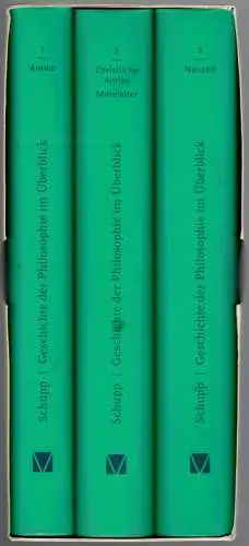 Schupp, Franz: Geschichte der Philosophie im Überblick. [1] Band 1. Antike. [2] Christliche Antike Mittelalter. [3] Band 3. Neuzeit
 Felix Meiner Verlag, (2003). 