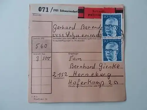 Paketkarte 2951 Schwerinsdorf gelaufen 1975