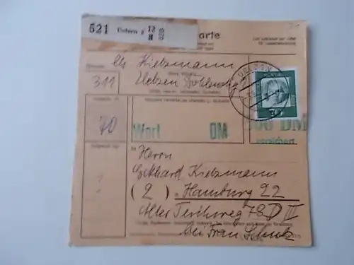 Paketkarte 521 Uelzen gelaufen 1962