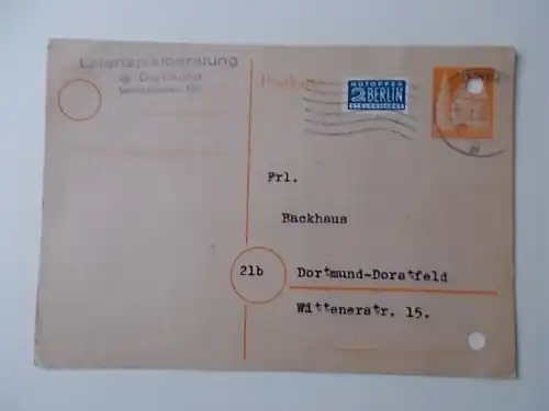Postkarte gelaufen 1951 in Dortmund