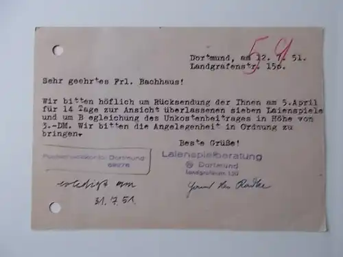 Postkarte gelaufen 1951 in Dortmund