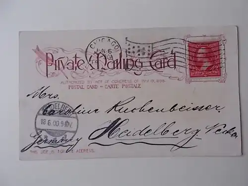 Ansichtskarte Audtorium Chicgo gelaufen 1900 nach Heidelberg

mit Ankunftststempel Heidelberg 18.6. 1900 