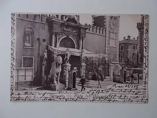 Karte von Venedig nach Deitschland, Stempel Mori Bahnhof Ankuftstempel Rüdesheim gelaufen 1899