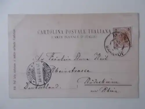 Karte von Venedig nach Deitschland, Stempel Mori Bahnhof Ankuftstempel Rüdesheim gelaufen 1899