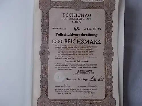 F. Schichau AG Elbing1943  4% Teilschuldverschreibung 1000 Reichsmark