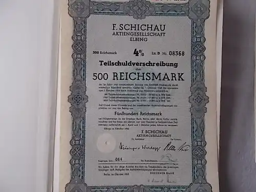 F. Schichau AG Elbing1943  4% Teilschuldverschreibung 500 Reichsmark