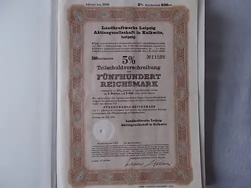 Landkraftwerke Leipzig AG Kulkwitz 1939  5% Anleihe 500 Reichsmark