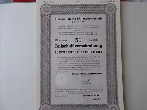 Klöckner-Werke AG Duisburg 1939 Anleihe 5%  500 Reichsmark