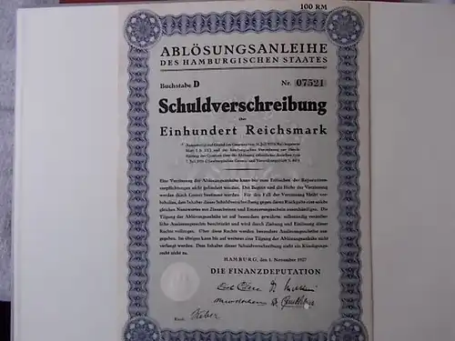 Hamburg Ablösungsanleihe 1927. Anleihe 100 Reichsmark mit dem Stadtwappen und dazugehörigem  Auslosungsschein