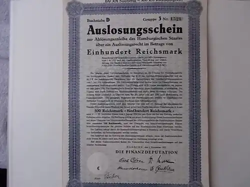 Hamburg Ablösungsanleihe 1927. Anleihe 100 Reichsmark mit dem Stadtwappen und dazugehörigem  Auslosungsschein