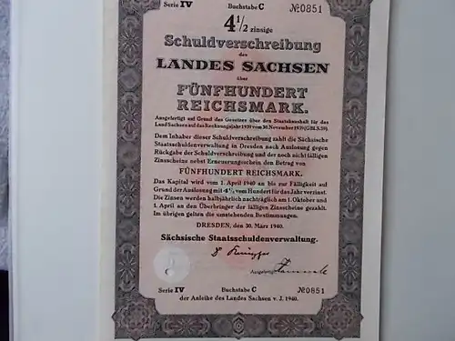 Schuldverschreibung Land Sachsen 1940