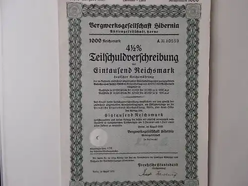 Teilschuldverschreibung Bergwerksgesellschaft Hibernia Herne 1939
