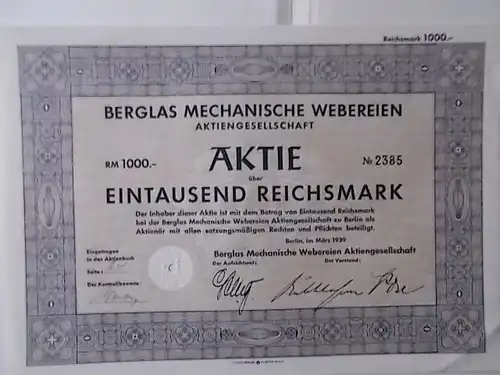 Aktie Berglas Mechanische Webereien AG Berlin 1939