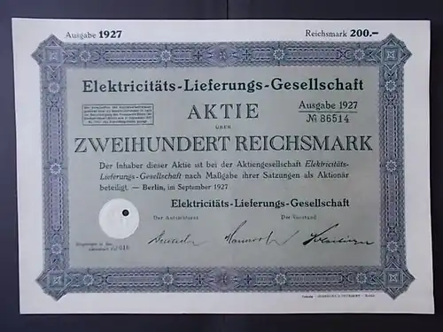 Aktie 200 Reichsmark Elektrizitäts Lieferungs-Gesellschaft Berlin