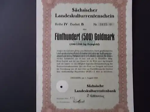 Sächsischer  Landeskulturrentenschein  500 Goldmark
