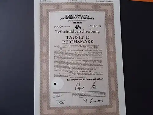 Reichselektrowerke AG Berlin 1943 Anleihe  4% über 1000 Reichsmark