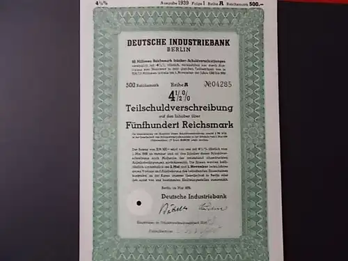 Deutsche Industriebank Berlin 1939  4,5% Anleihe 500 Reichsmark