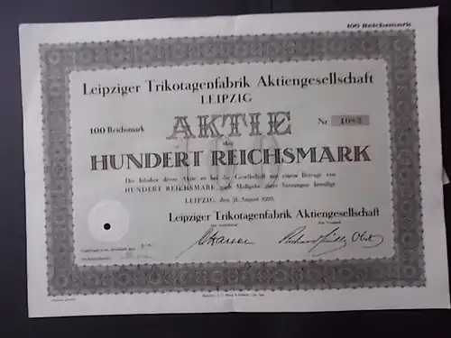 Leipziger Trikotagenfabrik AG 1928 Aktie 100 Reichsmark