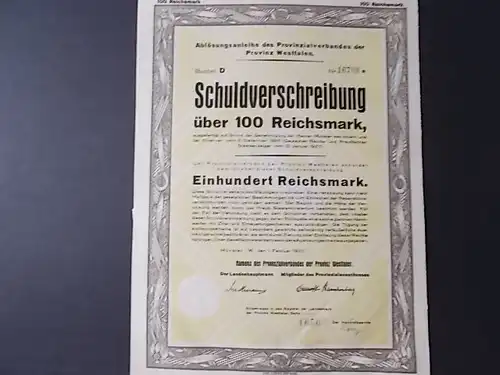 Schuldverschreibung Provinz Westfalen 100 RM mit Auslosungsschein von 1927