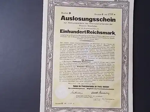 Schuldverschreibung Provinz Westfalen 100 RM mit Auslosungsschein von 1927