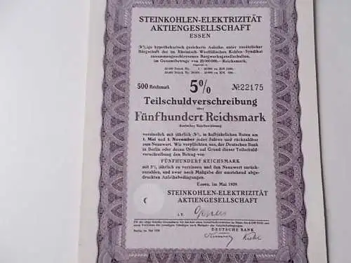 Steinkohlen Elektrizität AG Schuldverschreibung 500 RM von 1939