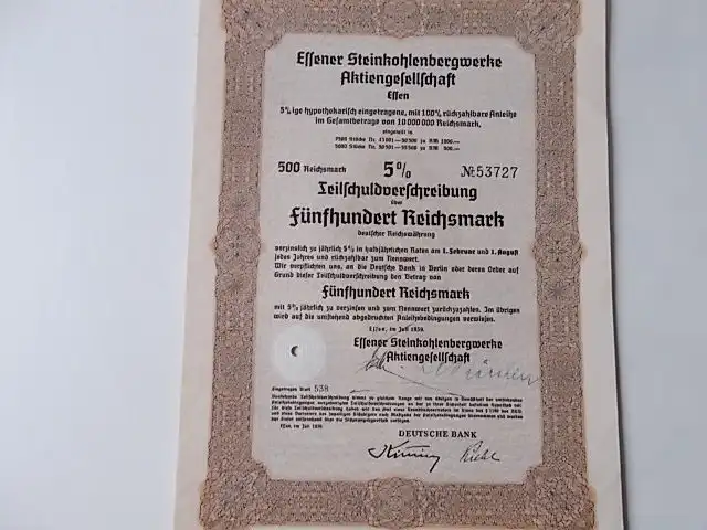 Essener Steinkohlenbergwerke AG Schuldverschreibung 500 RM von 1939