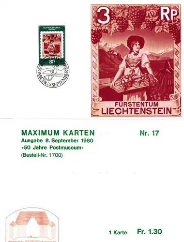 Liechtenstein Maximum - Karten - Ausgabe - 8.September 1980 - 50 Jahre Postmuseum