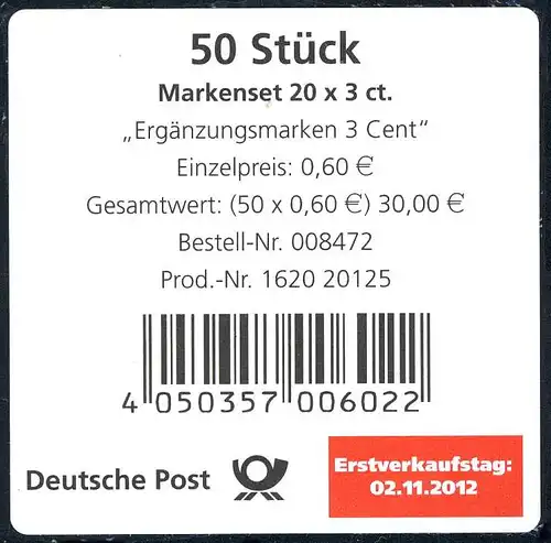 FB 24 Ergänzungsmarke 3 Cent, Folienblatt-BANDEROLE für 50 Markensets