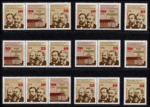 2050-2052 Karl Marx und SED 1975, 6 Zusammendrucke + 3 Einzelmarken, Set **