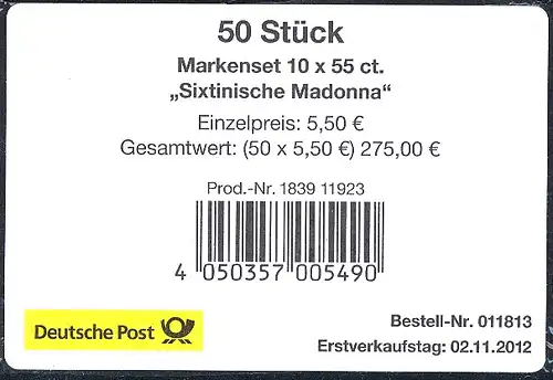 90 MH Sixtinische Madonna, Banderole für 50 Markensets