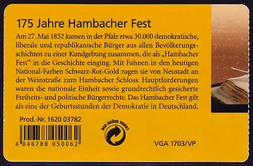 68a MH Hambacher Fest, 4. Deckelseite MIT Grünem Punkt, ** postfrisch
