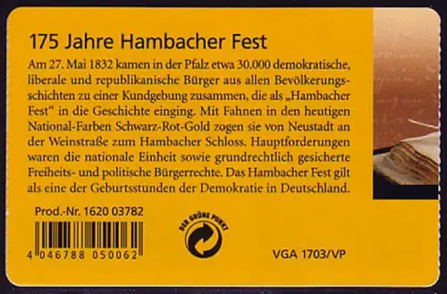 68a MH Hambacher Fest, 4. Deckelseite MIT Grünem Punkt, postfrisch **